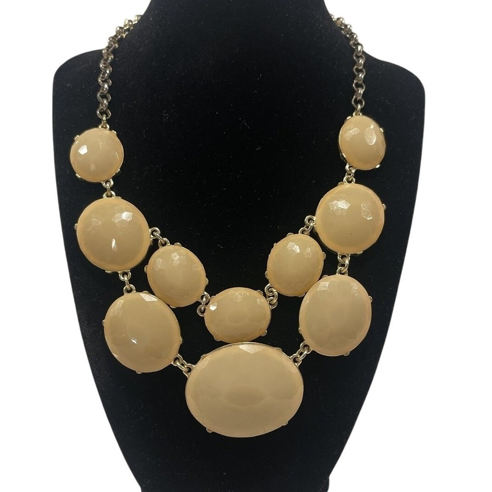 Statement Bib Necklace Gold Tone Beige Tan Resin Cabochon Tiered Chunky Jewelry
